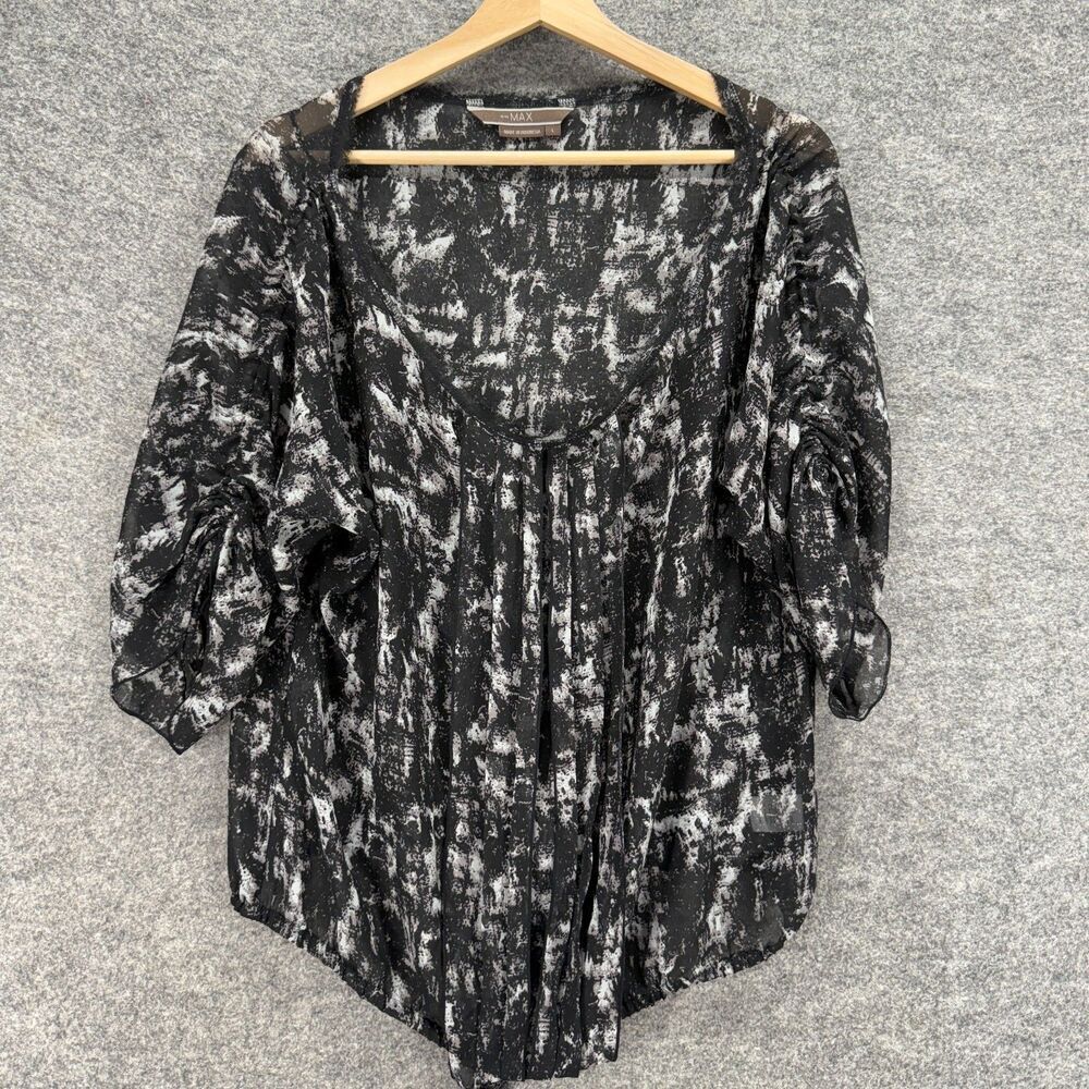 Max Blouse Women L Large Black Geometric V-Neck 3/4 Sleeve Pullover Casual